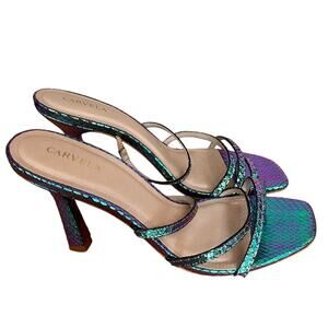 Carvela Mermaid Heel Sandals Shoes, 9.5 Eu 40.5, Blue Green, Strappy, Leather
